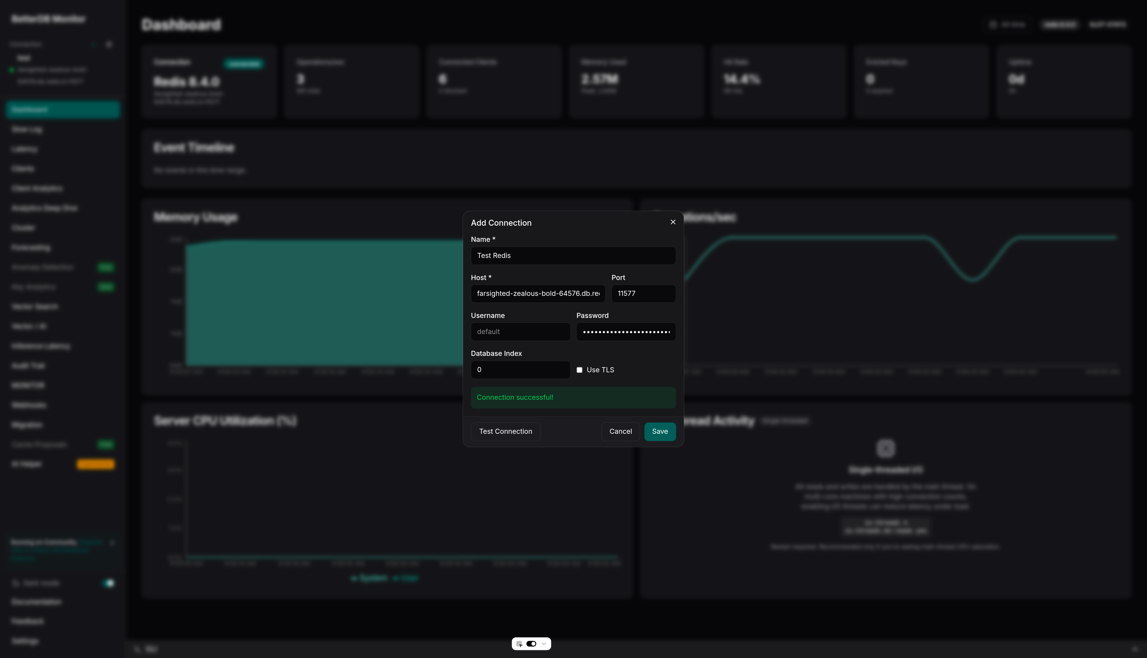 BetterDB connection form filled out for Redis Cloud