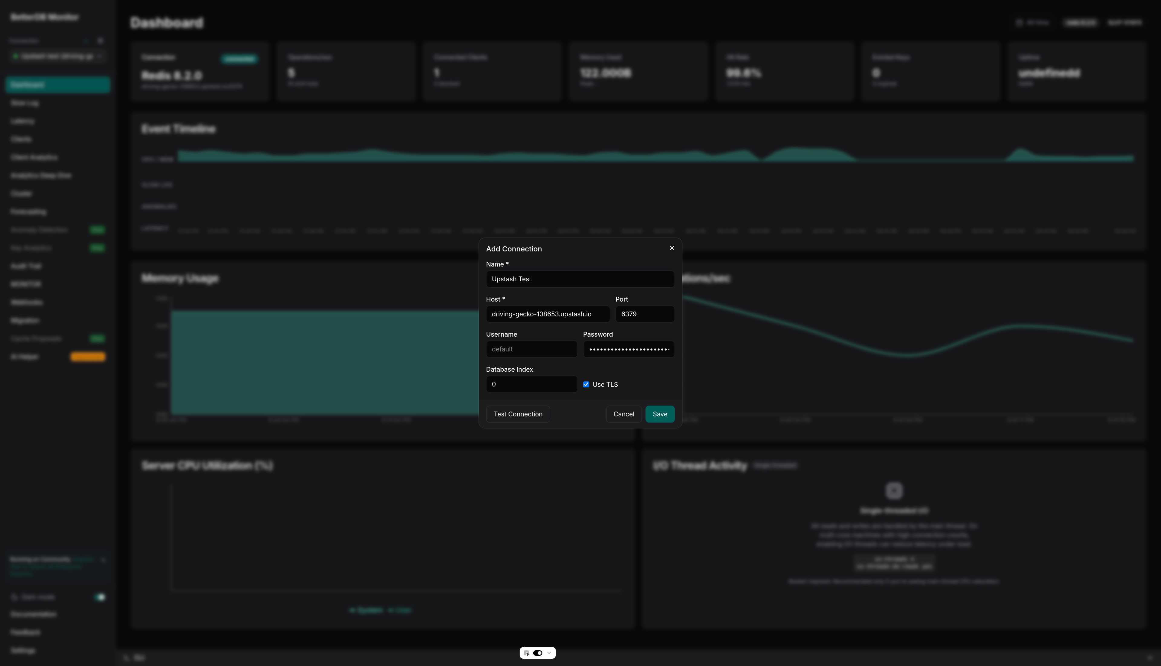 BetterDB connection form filled out for Upstash