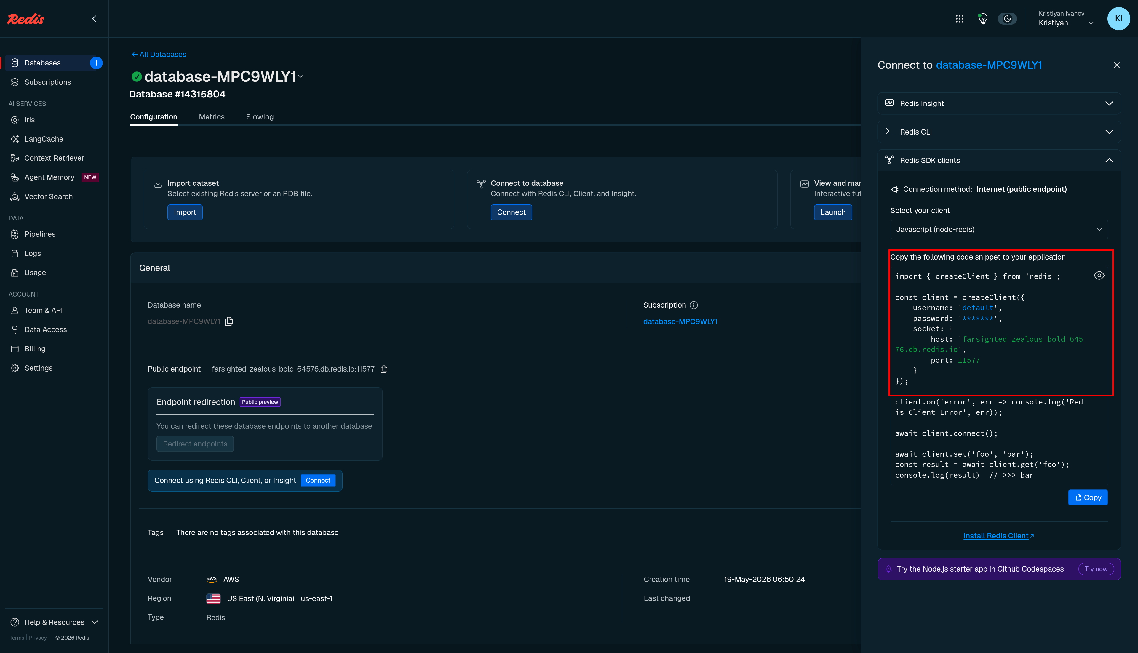 Redis Cloud Configuration tab showing the Public endpoint field and the Connect panel with the password