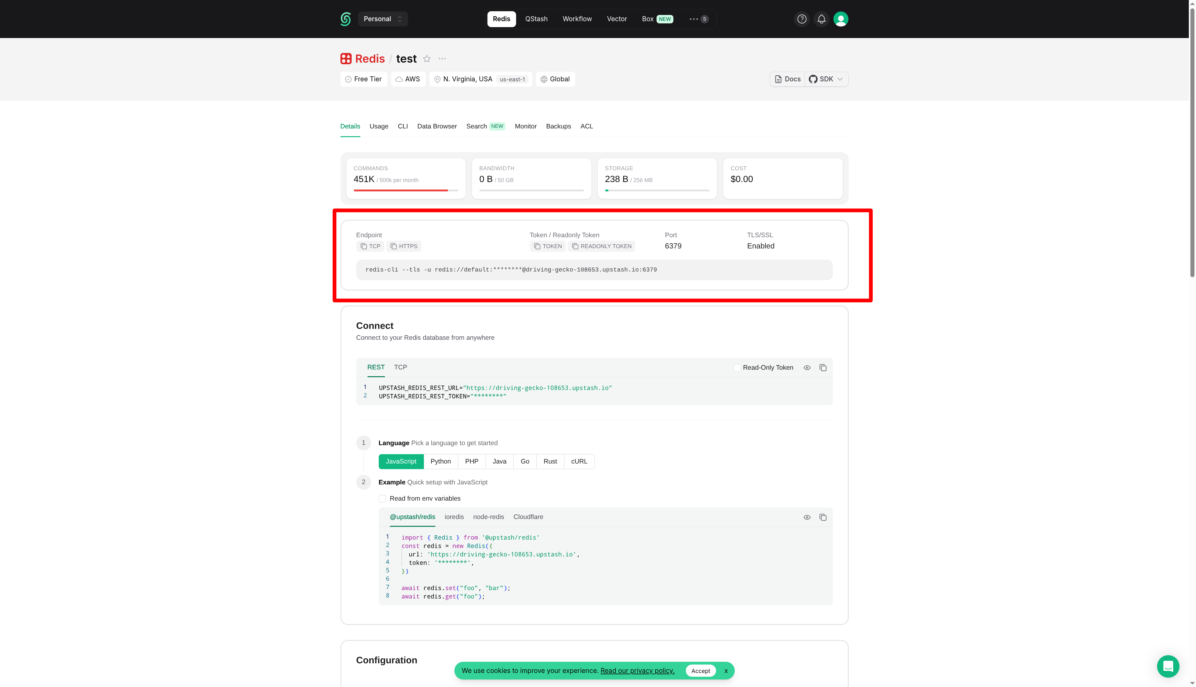 Upstash Details tab - use the top connection block (Endpoint, Token, Port, TLS). Ignore the Connect / REST section below it.